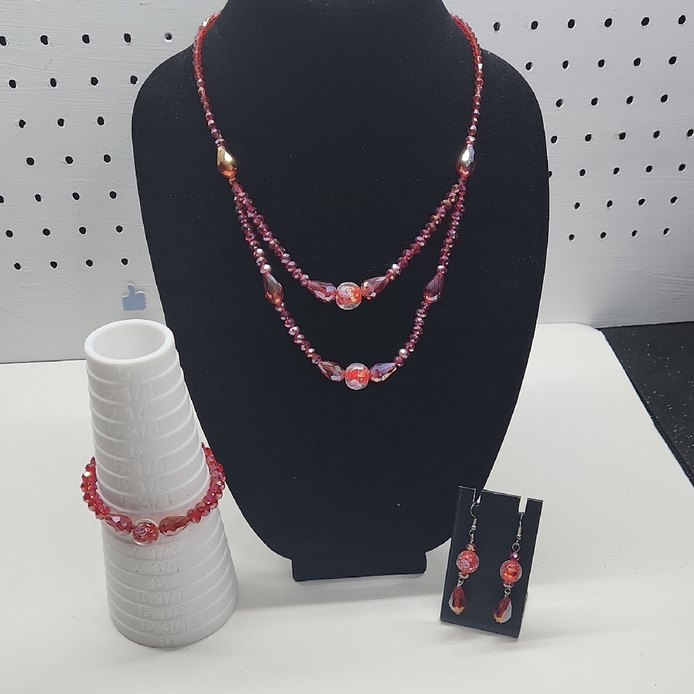 Elegant Red Glass Bead Necklace, Bracelet & Earring Set